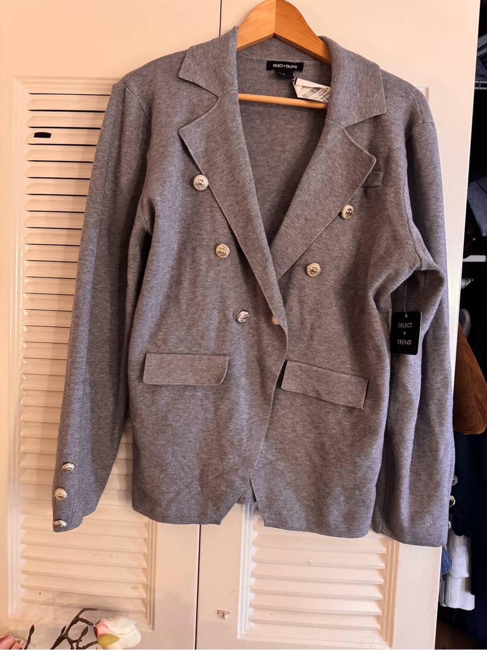 Aravon Gray Double-Breasted Knit Blazer with Gold Buttons
